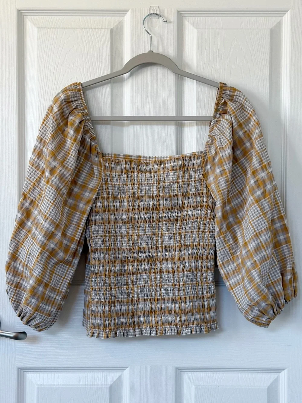 Anthropologie Maeve Plaid Square-Neck Puff Sleeve Smocked Top in Yellow & White